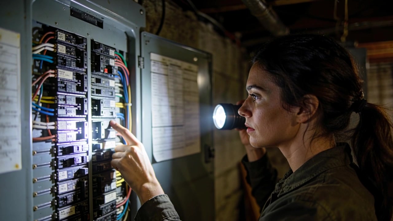 Inspecting woman in dark jacket using torch in dim basement, scanning and toggling breaker at panel