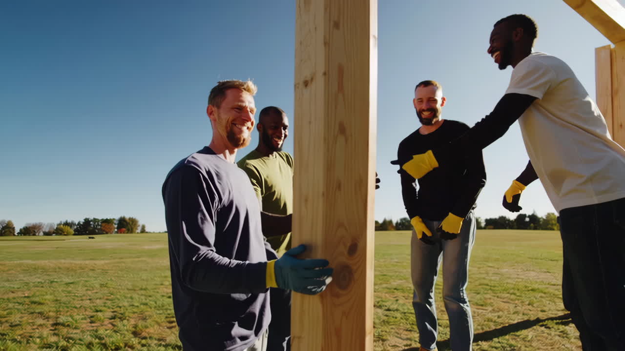 Men Collaborating on Outdoor Wooden Structure Construction