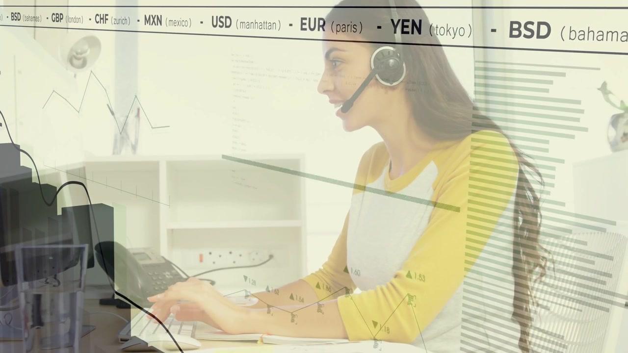 Callcenteragent taster, modtager opkald, taler via headset, mens finansielle kurser og grafer stiger.