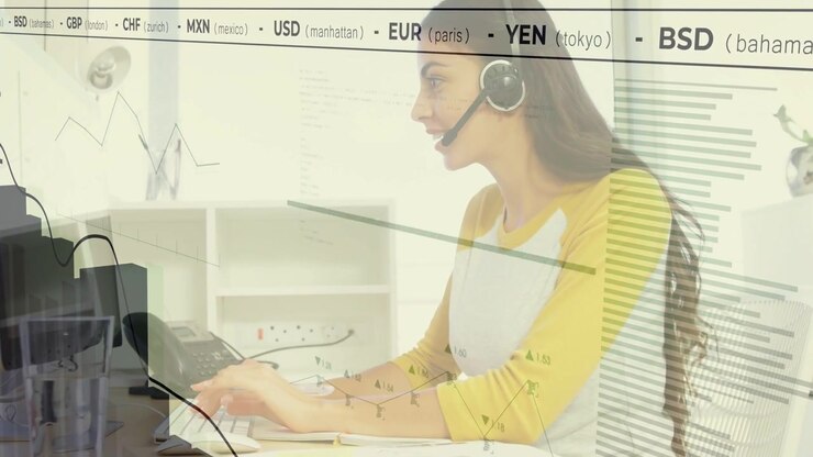 Call agent typing, receiving call, speaking via headset while financial ticker and graphs growing