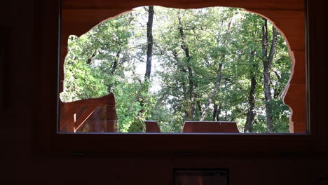 sculpted bear in a wooden hut, view of the trees of a forest in the background