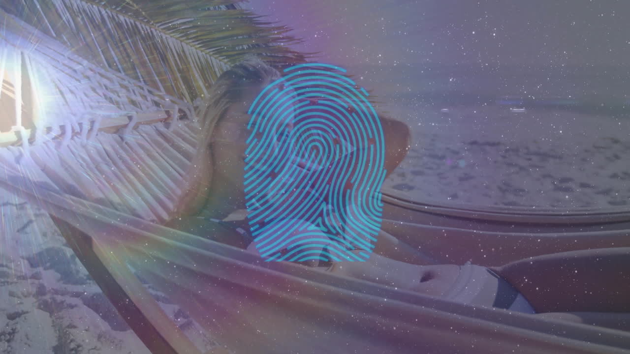 Woman reclining hammock on sandy beach for tourism ad, displaying animated sun icon and wave chart