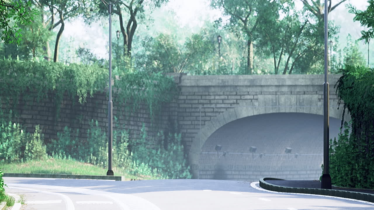 Lush green pathway near stone wall surrounded by trees in sunny weather