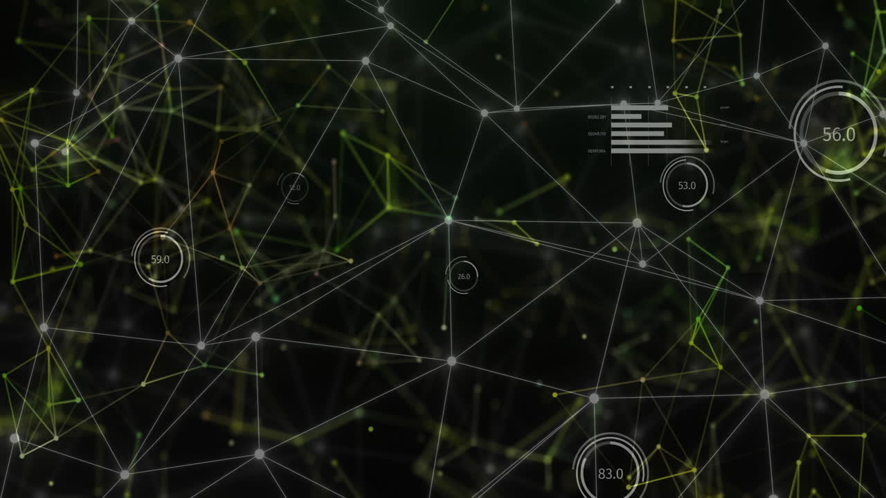 Animation of network of connections over data processing on black background