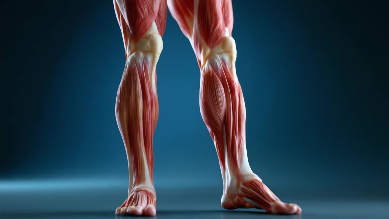 Visualizzazione anatomica dettagliata della muscolatura della gamba inferiore umana, con struttura e gruppi muscolari, per scopi educativi e medici.