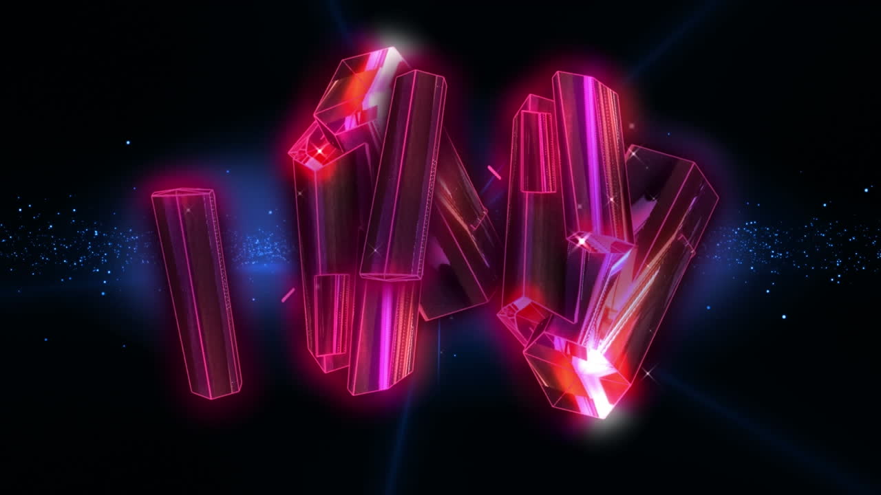 animación de formas de cristal rosado que se mueven contra el punto de luz azul y las partículas en fondo negro.