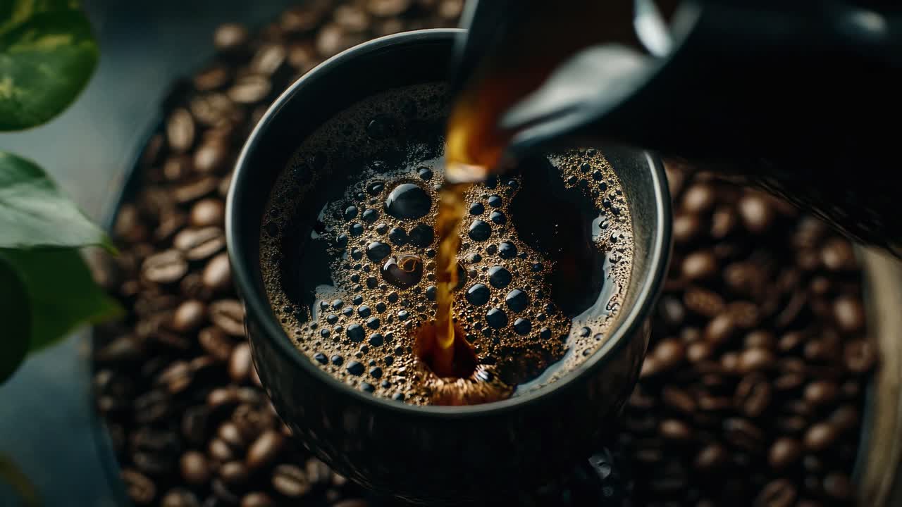 Close-up, bidikan video dari atas ke bawah saat kopi dituangkan ke dalam cangkir, dikelilingi oleh biji kopi