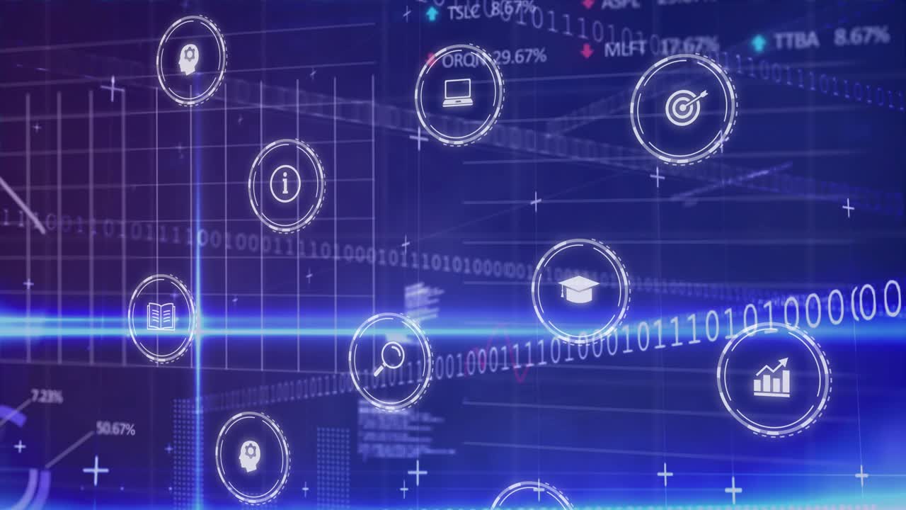 Floating interface icons moving over dark blue grid, visualizing binary streams and line graphs
