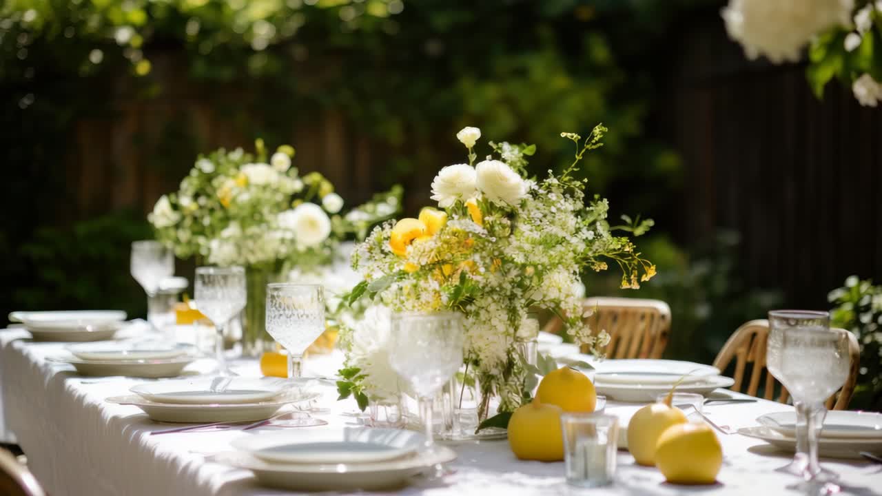 Elegant outdoor dining setup with floral centerpieces, captured at eye level