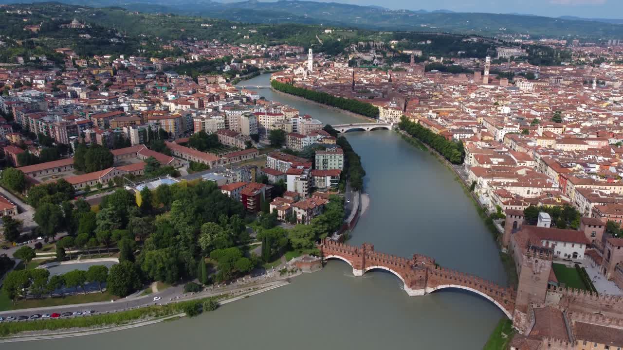 Aerial view over Verona City and Adige River