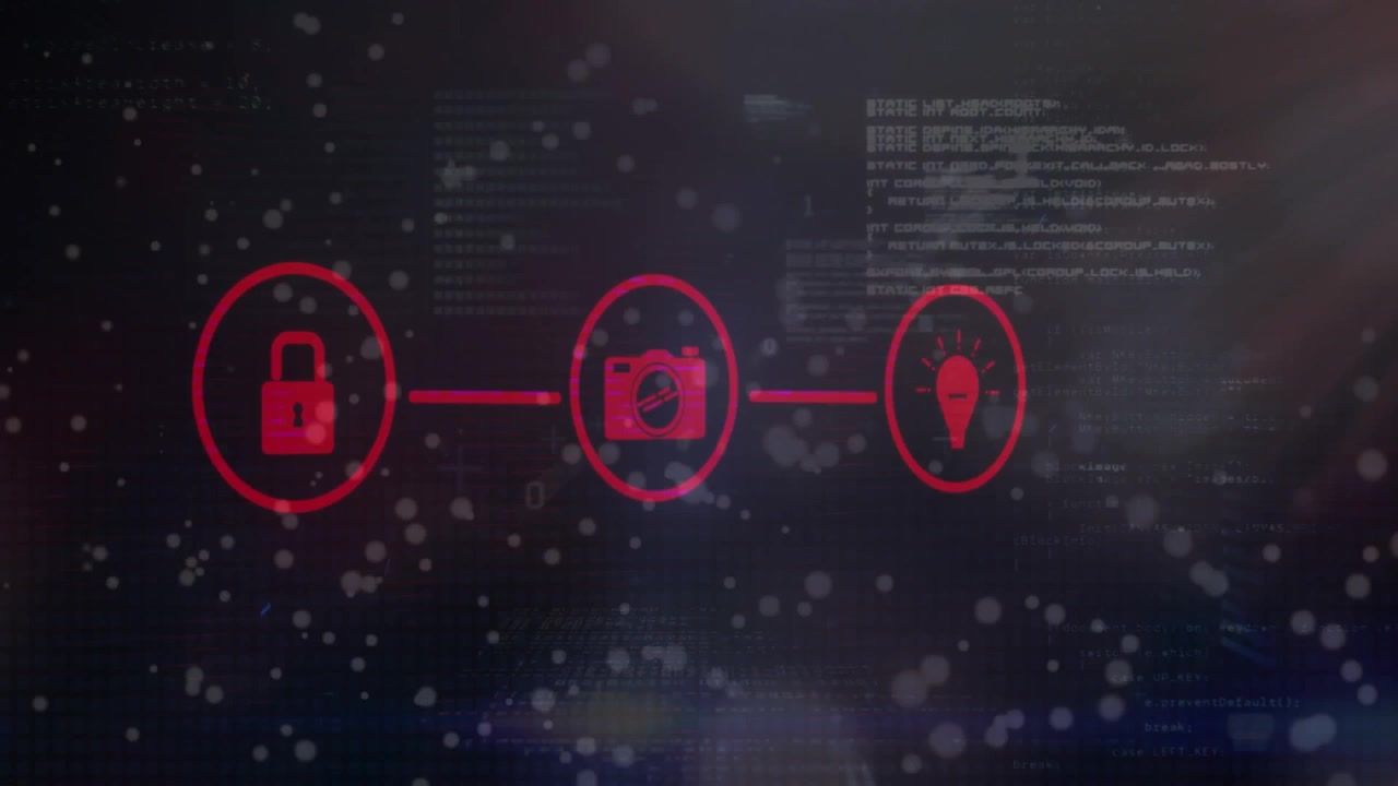 Animation af digital databehandling og sikkerhedsikoner over sort baggrund