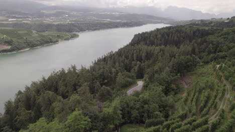 Drohnenschuss,-Der-An-Einem-Bewölkten-Tag-über-Den-Lago-Di-Santa-Giustina-In-Der-Nähe-Von-Trentino-In-Italien-Fliegt,-Mit-Bergen-Und-Wasser,-Umgeben-Von-Grünen-Feldern-Und-Baumstämmen