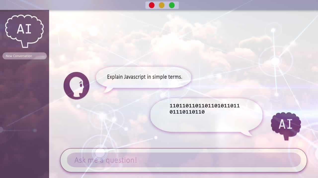 animación del procesamiento de chat de ia en línea en la pantalla sobre las nubes.