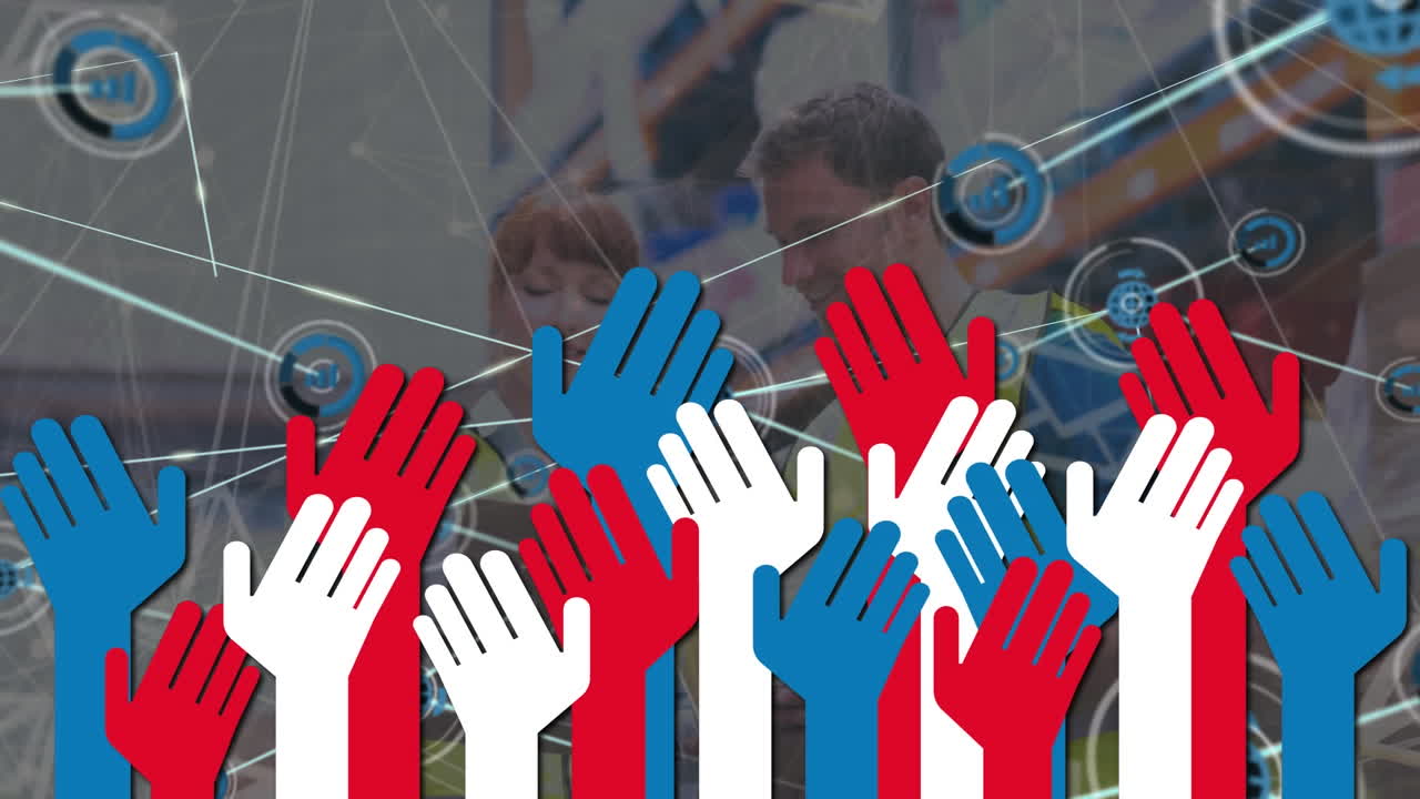 Animation of multicolored hands, connected icons, over caucasian coworkers discussing in warehouse