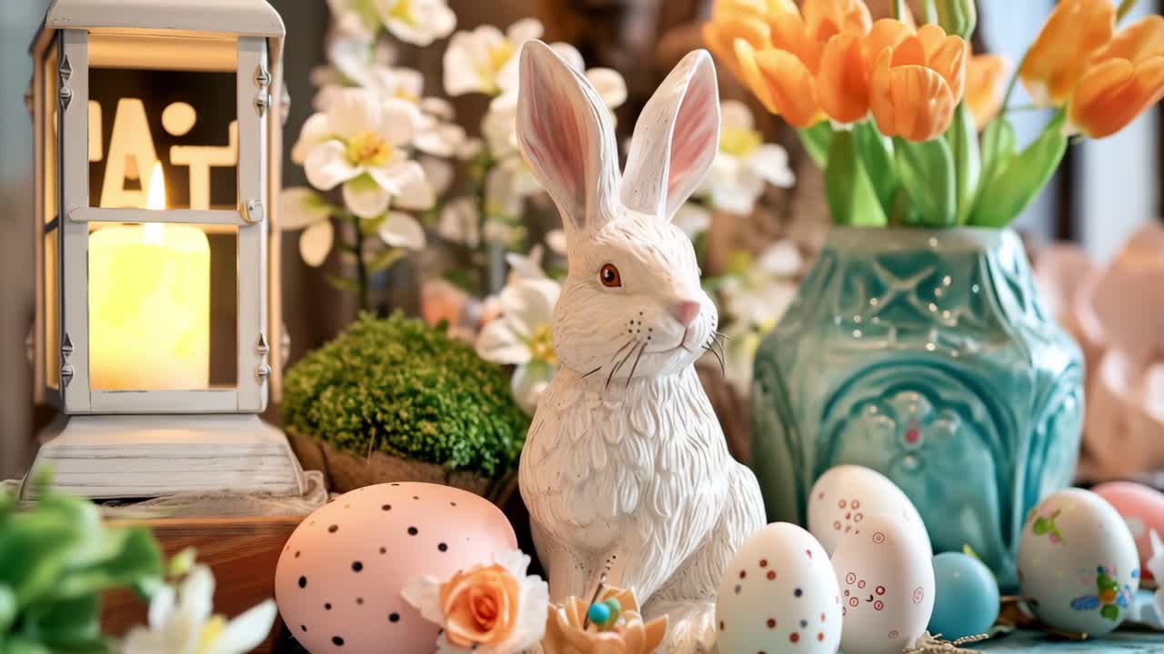 White easter bunny figurine is sitting near colorful easter eggs, orange tulips in a blue vase and a candle lantern on a wooden table, creating a festive easter decoration