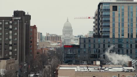 madison, wisconsin capital building from a distance during the winter