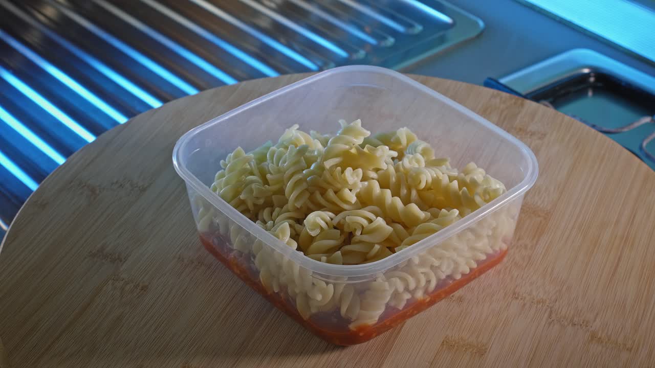 pasta rotini cocida en un recipiente de comida con salsa de frijoles de pavo picante en el fondo