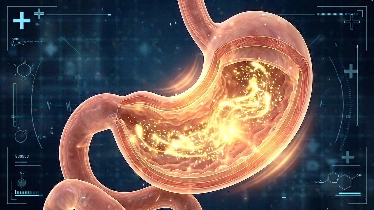Stomaco umano sezionato dettagliato che mostra pieghe interne e contenuto in vista medica