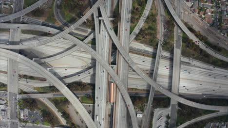 AERIAL:-Spectacular-Overhead-Shot-of-Judge-Pregerson-Highway-showing-multiple-Roads,-Bridges,-Highway-with-little-car-traffic-in-Los-Angeles,-California-on-Beautiful-Sunny-Day