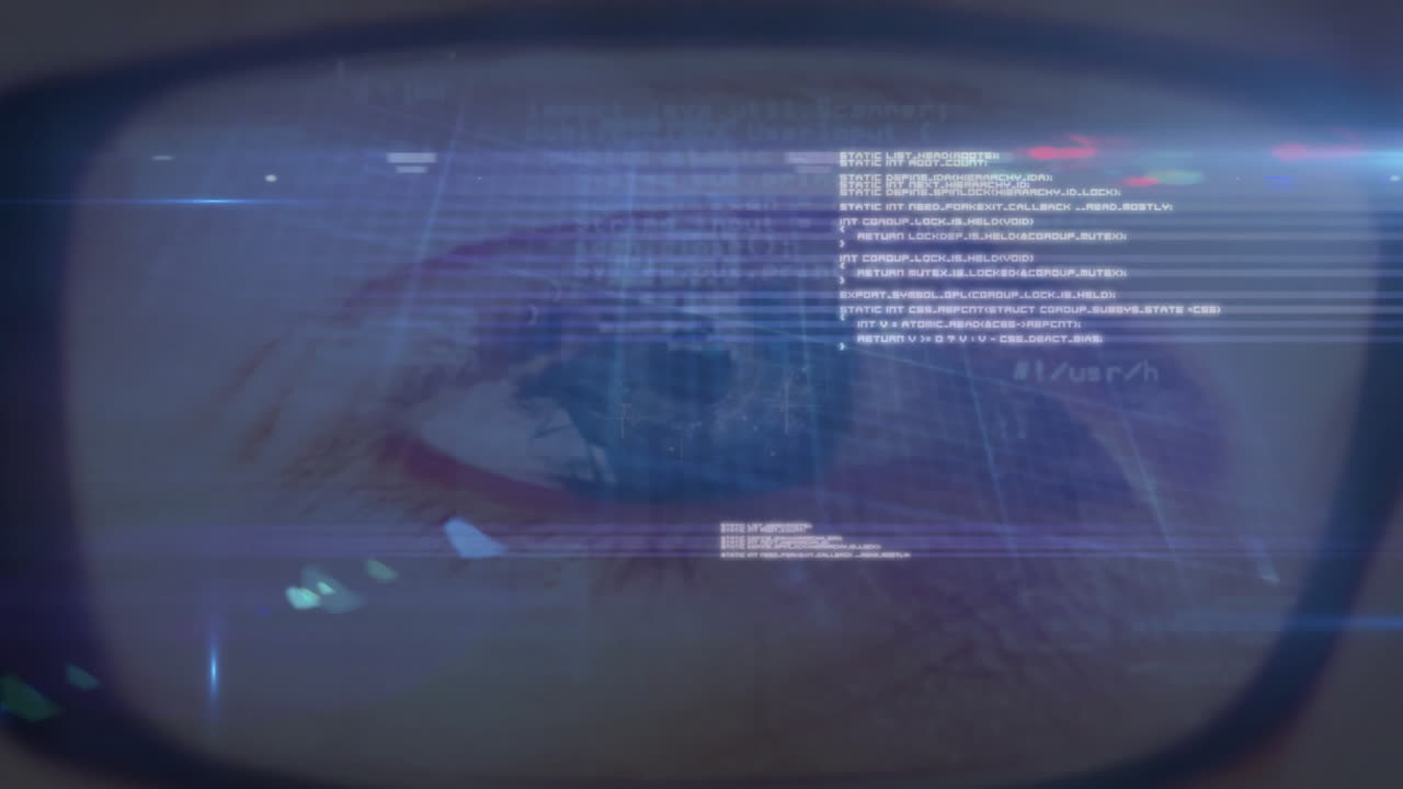 Digital animation overlaying code and data on close-up of human eye