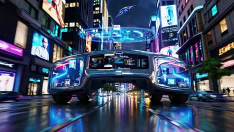 futuristic cityscape with a low-angle view of a high-tech car video
