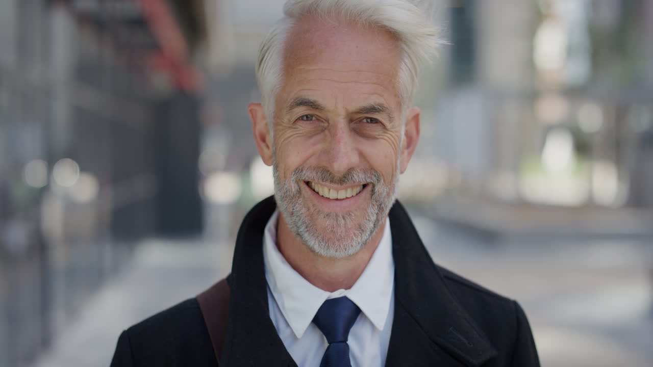 초상화 매력적인 고위 사업가 웃고 편안한 도시 생활 방식을 즐기고 성숙한 기업 임원 도시 슬로우 모션에서 행복해 보이는 성공적인 야망