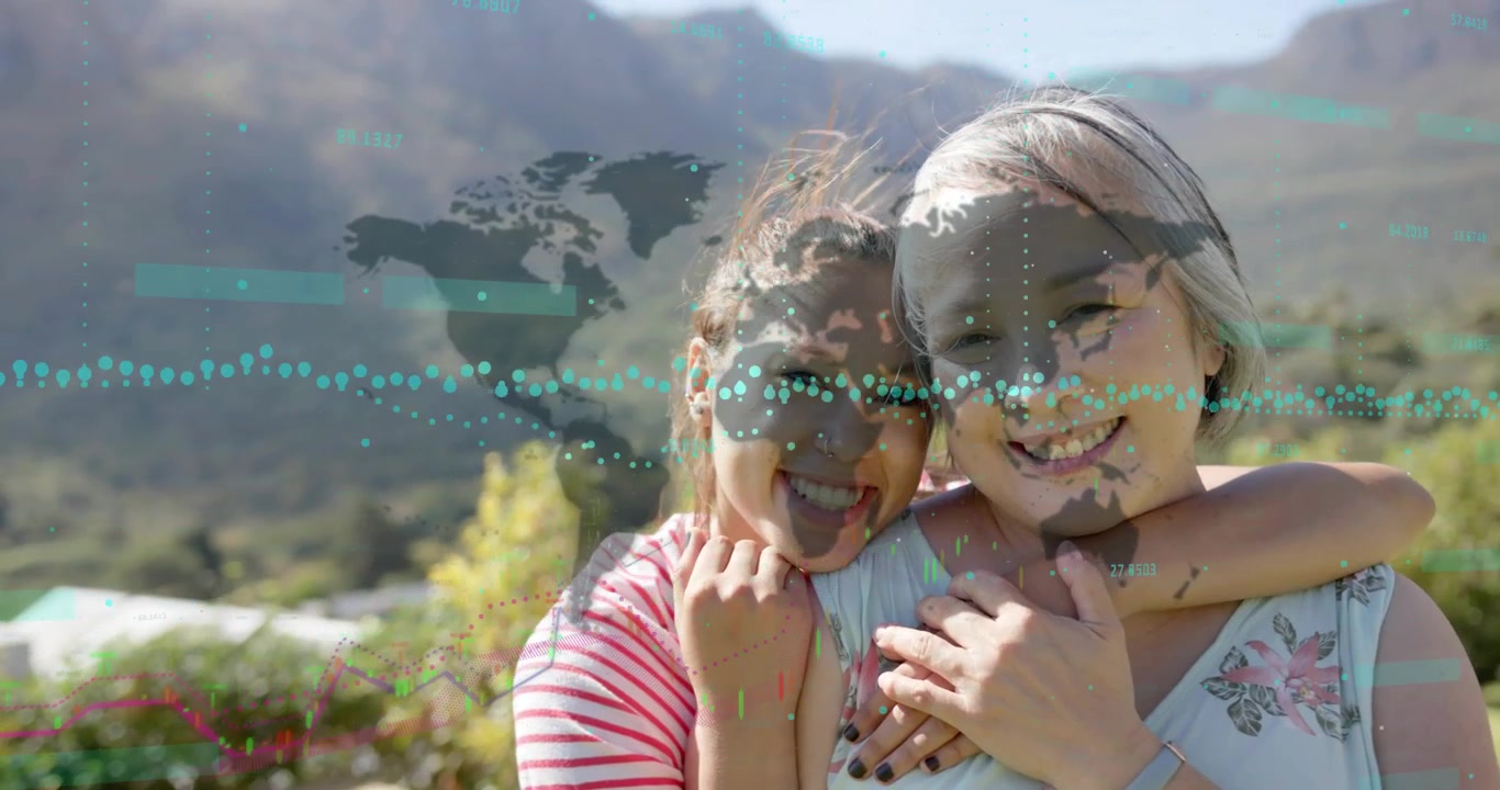 Mãe e filha se abraçando enquanto o mapa-múndi desaparece, gerando gráficos financeiros mapeando tendências de mercado