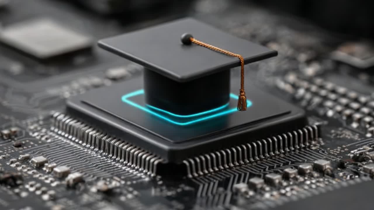 A Creative Symbolization of Knowledge and Technology, Featuring a Graduation Cap Resting on a Circuit Board, Merging Academic Achievement with Modern Electronics