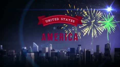 united states of america text in banner and fireworks over a city