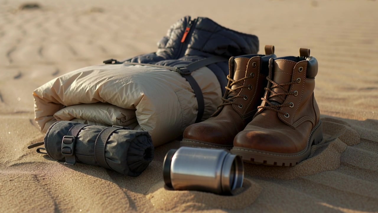 Light breeze nudging metal mug rolling on rippled sand, boots, sleeping bag, mat