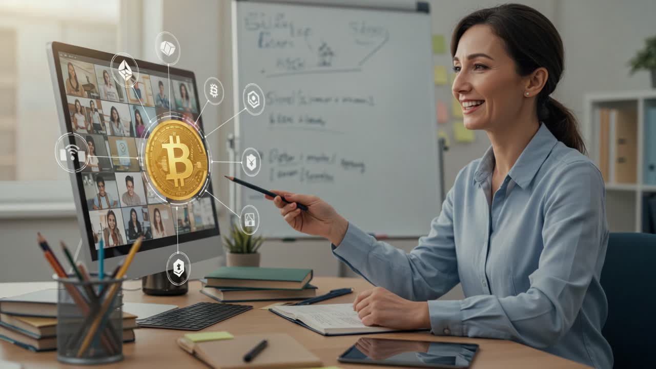 A Professional Woman Engaging in a Virtual Meeting About Cryptocurrency and Blockchain Technology, Showcasing a Bitcoin Symbol and Interactive Elements on Her Computer Screen