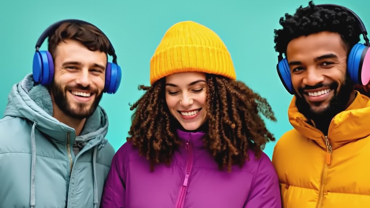 Three people wearing headphones and smiling at the camera