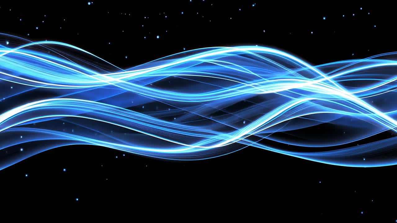 Dynamic video concept with glowing blue waves and particles on a black background