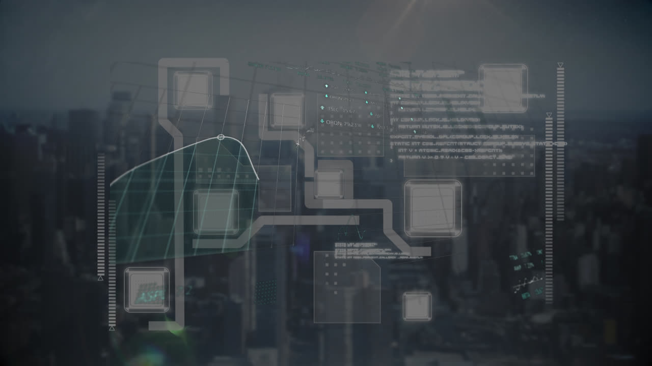 Animation of computer circuit board and financial data processing over cityscape