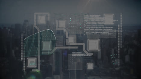 animación de placas de circuitos informáticos y procesamiento de datos financieros sobre el paisaje urbano