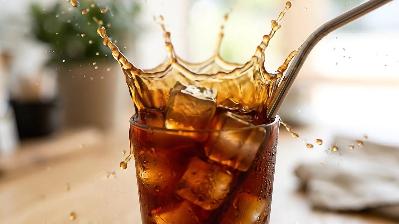Pouring Fresh Fizzy Cola Drink into Tall Glass with Ice and Straw on Wooden Table