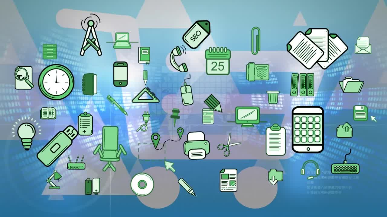 animación de iconos de oficina en movimiento sobre el procesamiento de información financiera