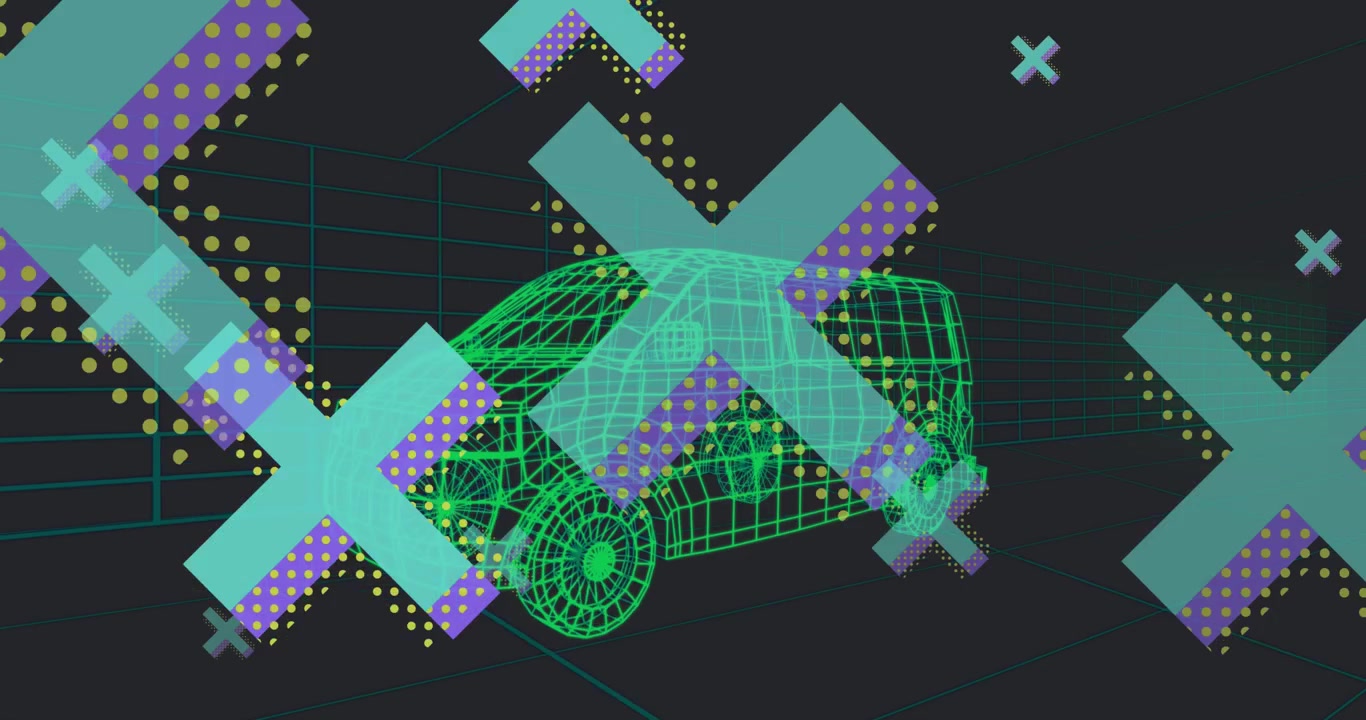 Animation of abstract cross shapes over 3d van model moving in seamless pattern in tunnel