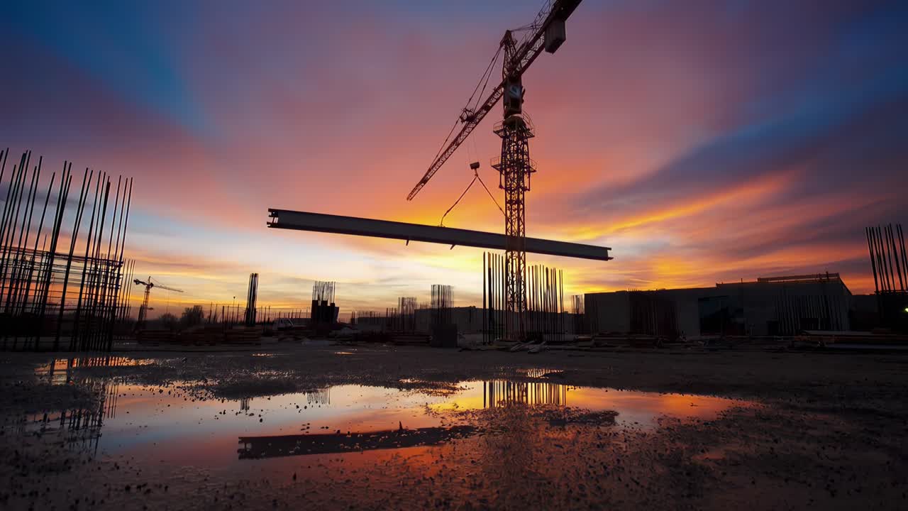 Sunset construction site with crane, low-angle shot