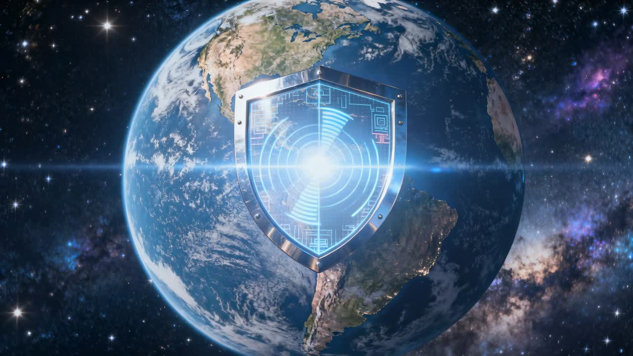 Appearing metallic shield projecting holographic radar over Earth from orbit, detecting threats