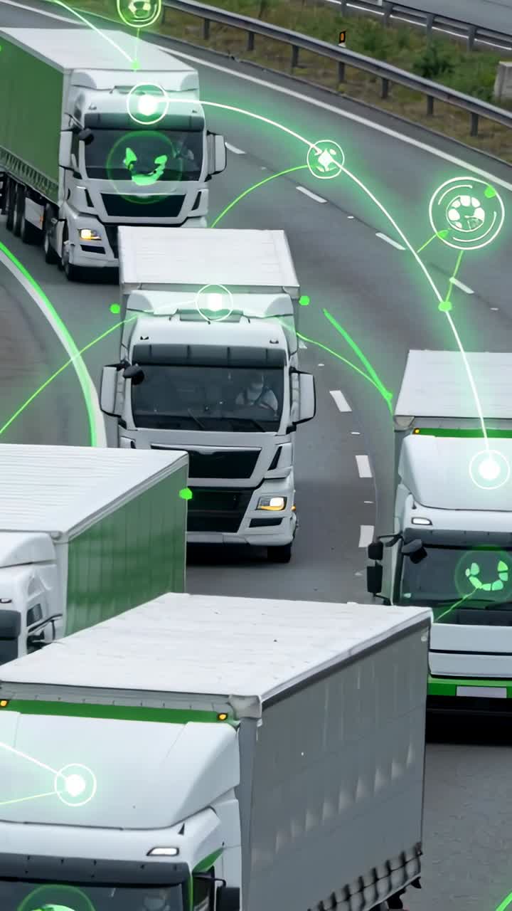 Video vertical: Convoy de camiones en movimiento ajustando distancias en una carretera curva mostrando superposiciones de red verdes.