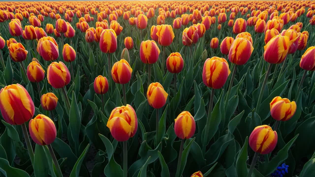 Vibrant Fields of Tulips Blooming at Sunset, Showcasing a Stunning Landscape of Colorful Flowers Under a Golden Sky, Perfect for Nature Lovers and Photographers