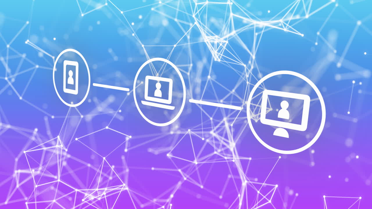 푸른 배경에서 움직이는 미디어 아이콘과 모양의 애니메이션