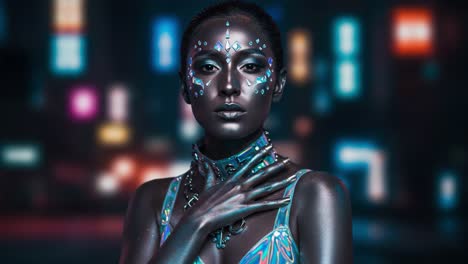 a mesmerizing portrayal of a stylishly adorned individual with vibrant body paint and striking facial designs against an urban night backdrop, showcasing creativity and artistic expression