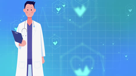 animation of medical icons with doctor with clipboard on blue background