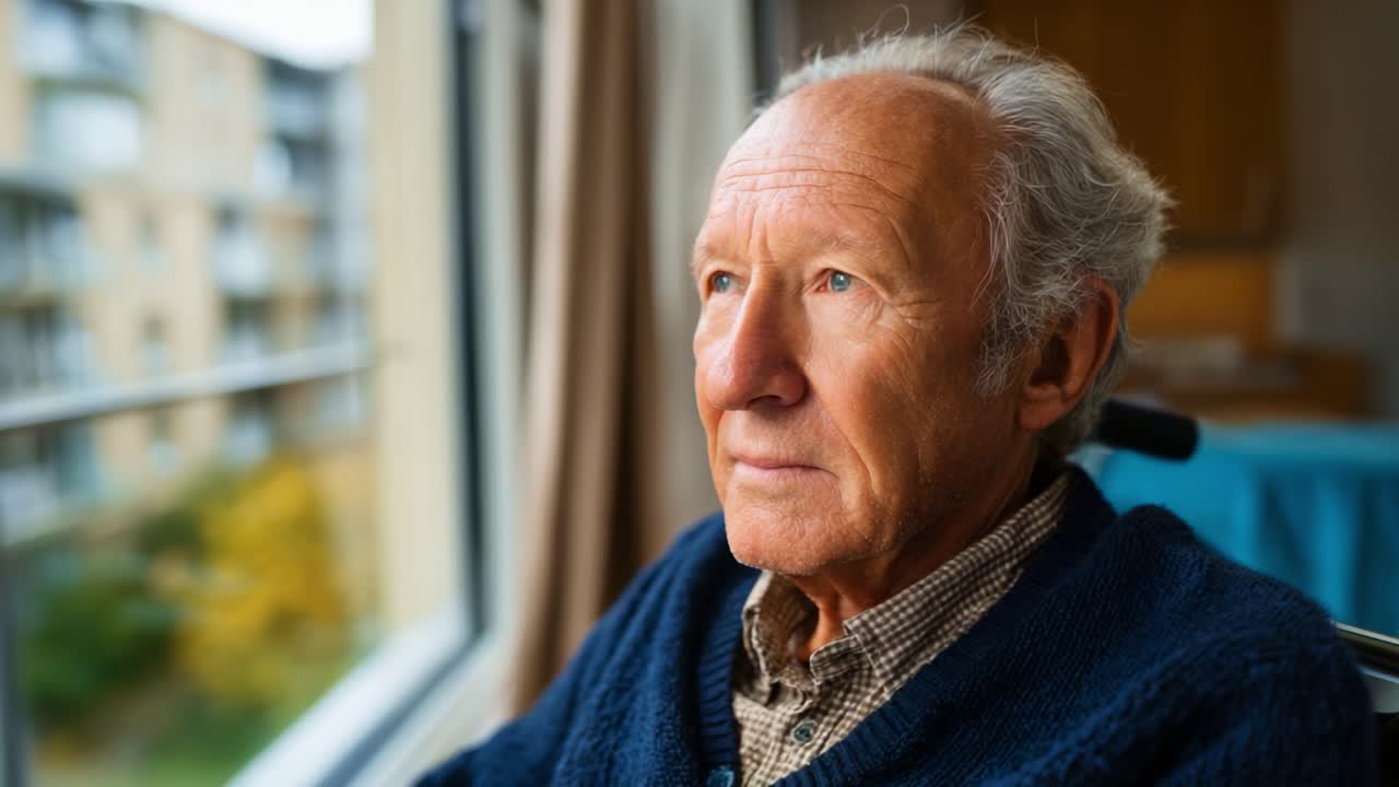 Un uomo anziano pensieroso guarda fuori dalla finestra, riflettendo sulla vita, sui ricordi e sul passare del tempo in una stanza calda e illuminata dal sole, piena di colori tenui