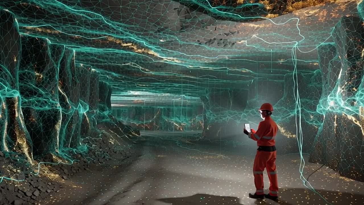 Exploring an underground mine with glowing digital projections of minerals