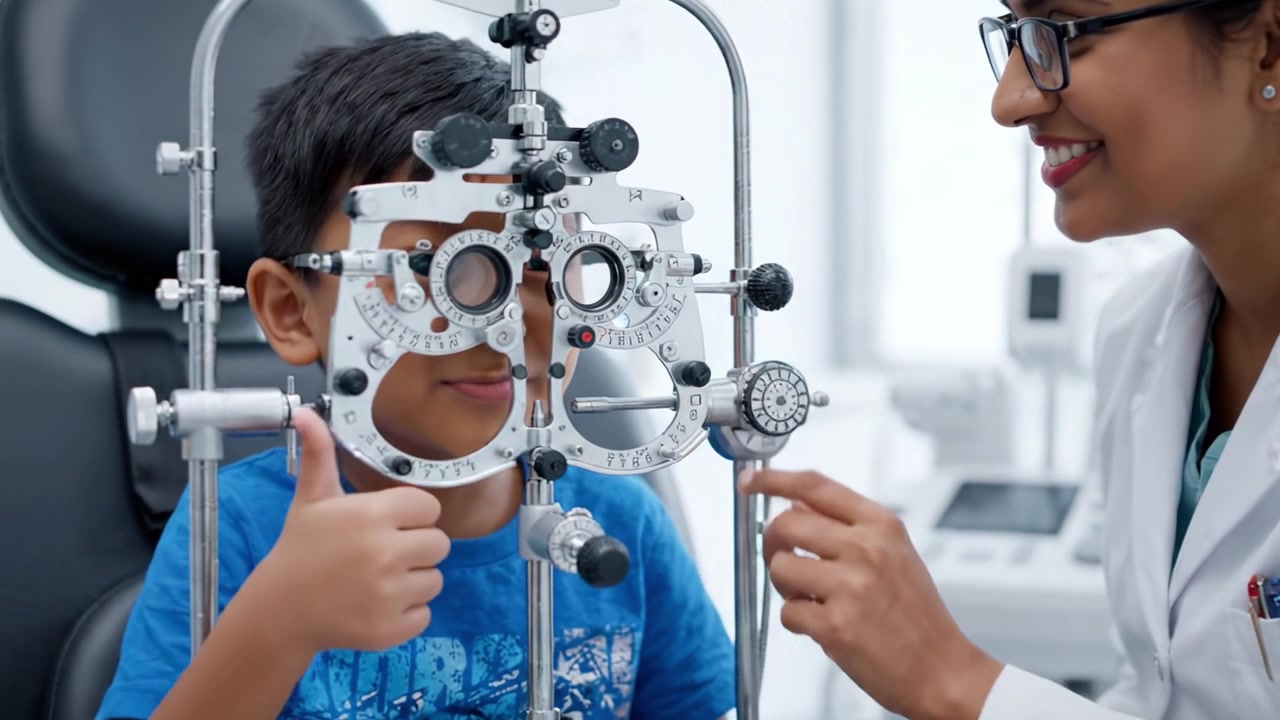 Child Undergoing Vision Test with Eye Care Professional in a Modern Optical Clinic, Focusing on Eye Examination Equipment and Interactions