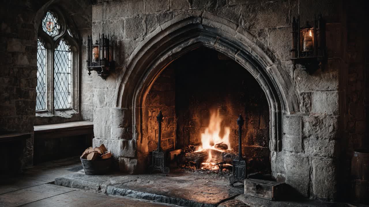 Ein warmer Herd: Ansprechende Einblicke in einen gemütlichen Kamin in einem rustikalen Steinzimmer, perfekt eingefangen durch zwei Rahmen, die die flackernden Flammen und den historischen Charme zeigen.
