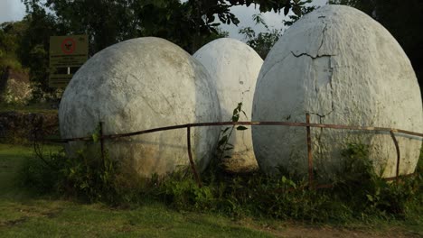 Dolly-backward-shot-of-the-big-eggs-in-the-cultural-park-in-Bali,-Indonesia-the-sacred-garuda-wisnu-kencana-park